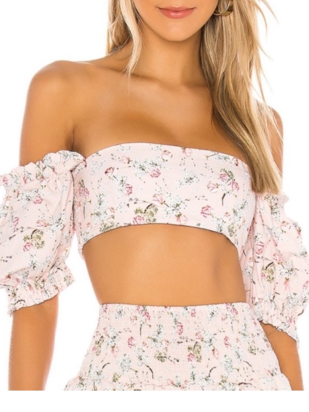 WeWoreWhat Coco Dry Flower Crop Top Puff Sleeve in Evening Sand Size Medium